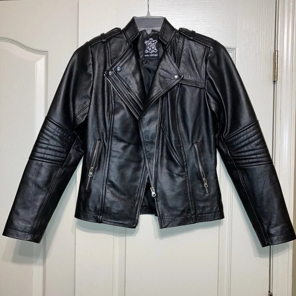 Leather MOTORCYCLE JACKET Biker MOTO Racer BLACK - Sz XS NEW!